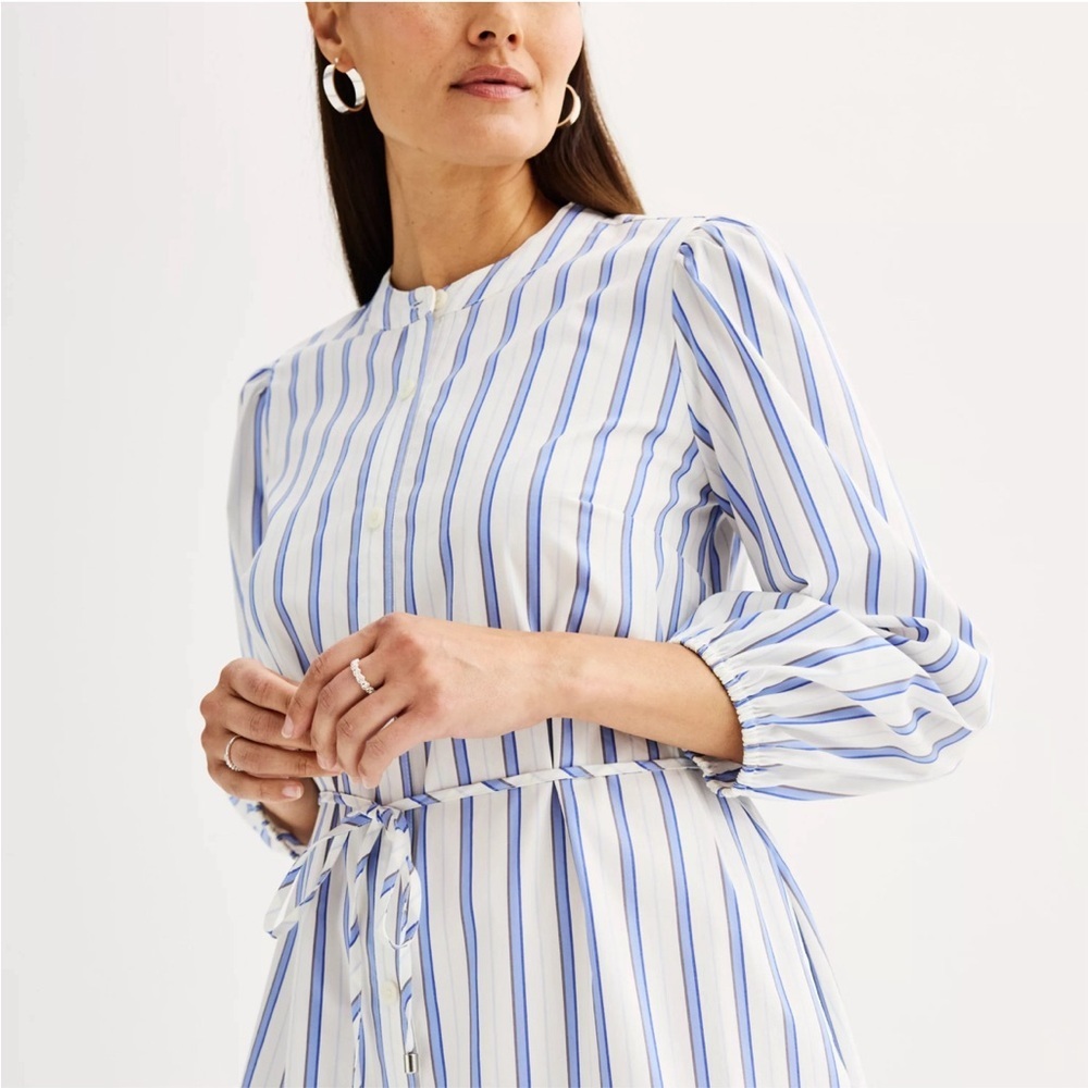 Brand New Women's Nine West Long Sleeve Blue & White Belted Dress, Size XL, NWT - Picture 4 of 6